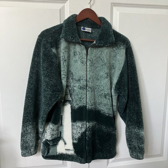 Vintage Ocean East Lighthouse Fleece Cardigan Womens S Green 90s Granny AOP - Picture 1 of 8
